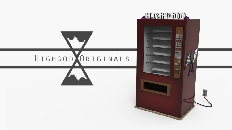 Highgod Originals Logo and Vending Machine - hyperlink to Highgod Originals Second Life Marketplace Listings.